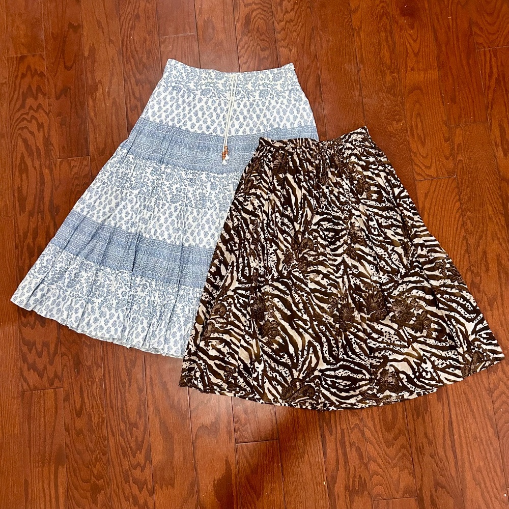 Lot of 2 Skirts Maxi Long Flowy Hippy Boho Cottagecore Festival Blue Brown